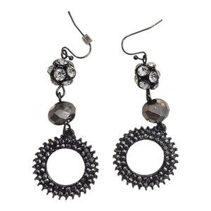 Dangle Drop Earrings - Circle Shape - Black & Silvertone - Pierced Ear